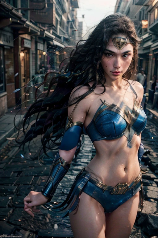 realistic, photorealistic, real photo, inspired by Studio Ghibli, ethereal young wonder woman with long flowing hair, stunning beauty, a magical ancient city, surrounded by glowing blue energy. Her delicate body is surrounded by electricity, capturing the emotional moment of her awakening to newfound powers, in dynamic pose, moody, dark theme,