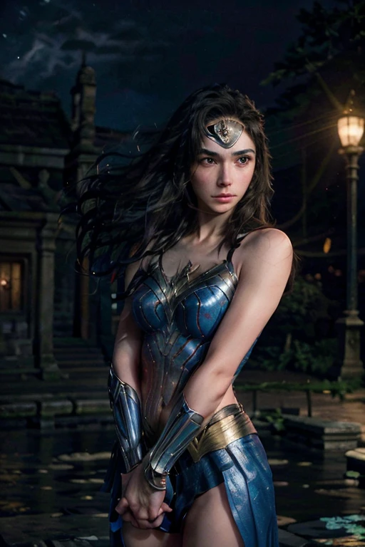 realistic, photorealistic, real photo, inspired by Studio Ghibli, ethereal young wonder woman with long flowing hair, stunning beauty, a magical ancient city, surrounded by glowing blue energy. Her delicate body is surrounded by electricity, capturing the emotional moment of her awakening to newfound powers, in dynamic pose, moody, dark theme,