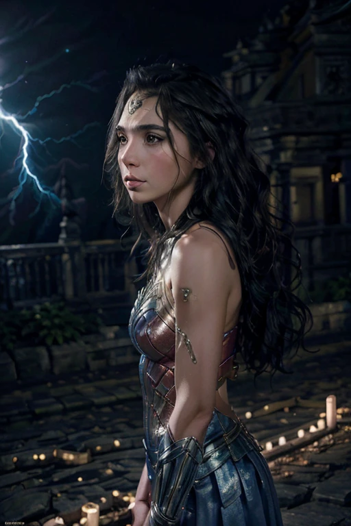 realistic, photorealistic, real photo, inspired by Studio Ghibli, ethereal young wonder woman with long flowing hair, stunning beauty, a magical ancient city, surrounded by glowing blue energy. Her delicate body is surrounded by electricity, capturing the emotional moment of her awakening to newfound powers, in dynamic pose, moody, dark theme,