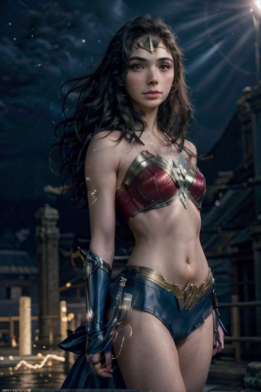 realistic, photorealistic, real photo, inspired by Studio Ghibli, ethereal young wonder woman with long flowing hair, stunning beauty, a magical ancient city, surrounded by glowing blue energy. Her delicate body is surrounded by electricity, capturing the emotional moment of her awakening to newfound powers, in dynamic pose, moody, dark theme,