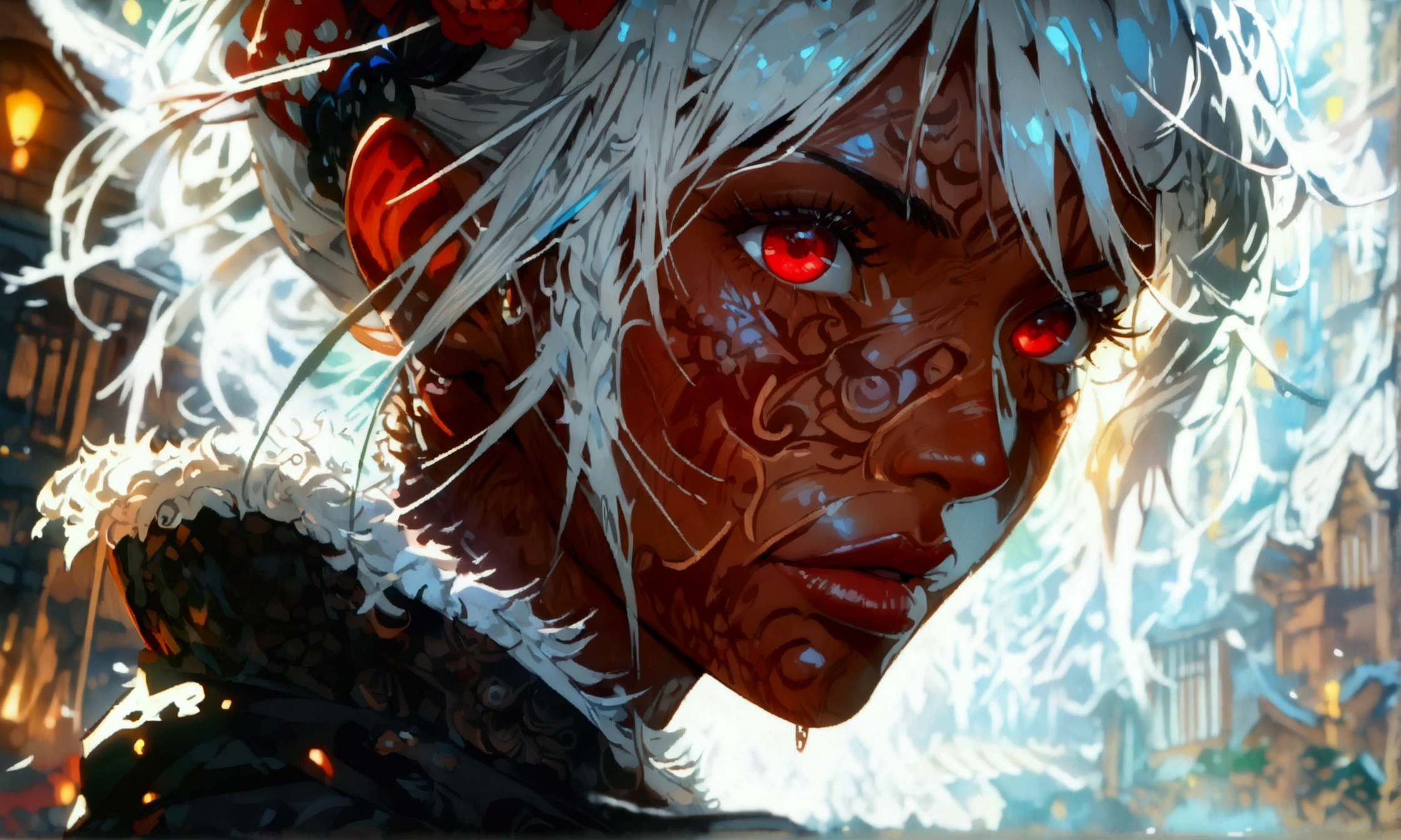 Sturdy woman, brown skin, messy white hair, vibrant red eye, open black robe, mocking expression, ((Intricate anime character design inspired by One Piece)), ((stunning lighting)), ((fine lines)), ((stunning focus)), ((stunning face)), ((detailed focus)), ((detailed background)), ((ultra-fine 2D design)), ((scenery bathed in creativity)), ((2D masterpiece)), ((best quality), ((8K)), ((anime style))