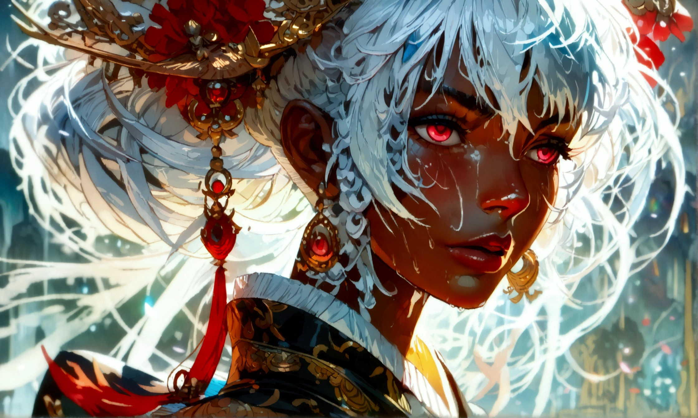 Sturdy woman, brown skin, messy white hair, vibrant red eye, open black robe, mocking expression, ((Intricate anime character design inspired by One Piece)), ((stunning lighting)), ((fine lines)), ((stunning focus)), ((stunning face)), ((detailed focus)), ((detailed background)), ((ultra-fine 2D design)), ((scenery bathed in creativity)), ((2D masterpiece)), ((best quality), ((8K)), ((anime style))