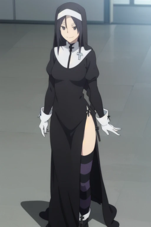 anime style girl 1,70 long light gray hair gray skin shark teeth and gray eyes and light gray pupils very thick and strong legs thick thighs, but without breasts (is flat chest) posing to see her clothes in a classroom while wearing a black hooded cape that reaches to her feet with the hood up and a black full-body leotard with black boots and tight sweatpants black color that covers his legs 