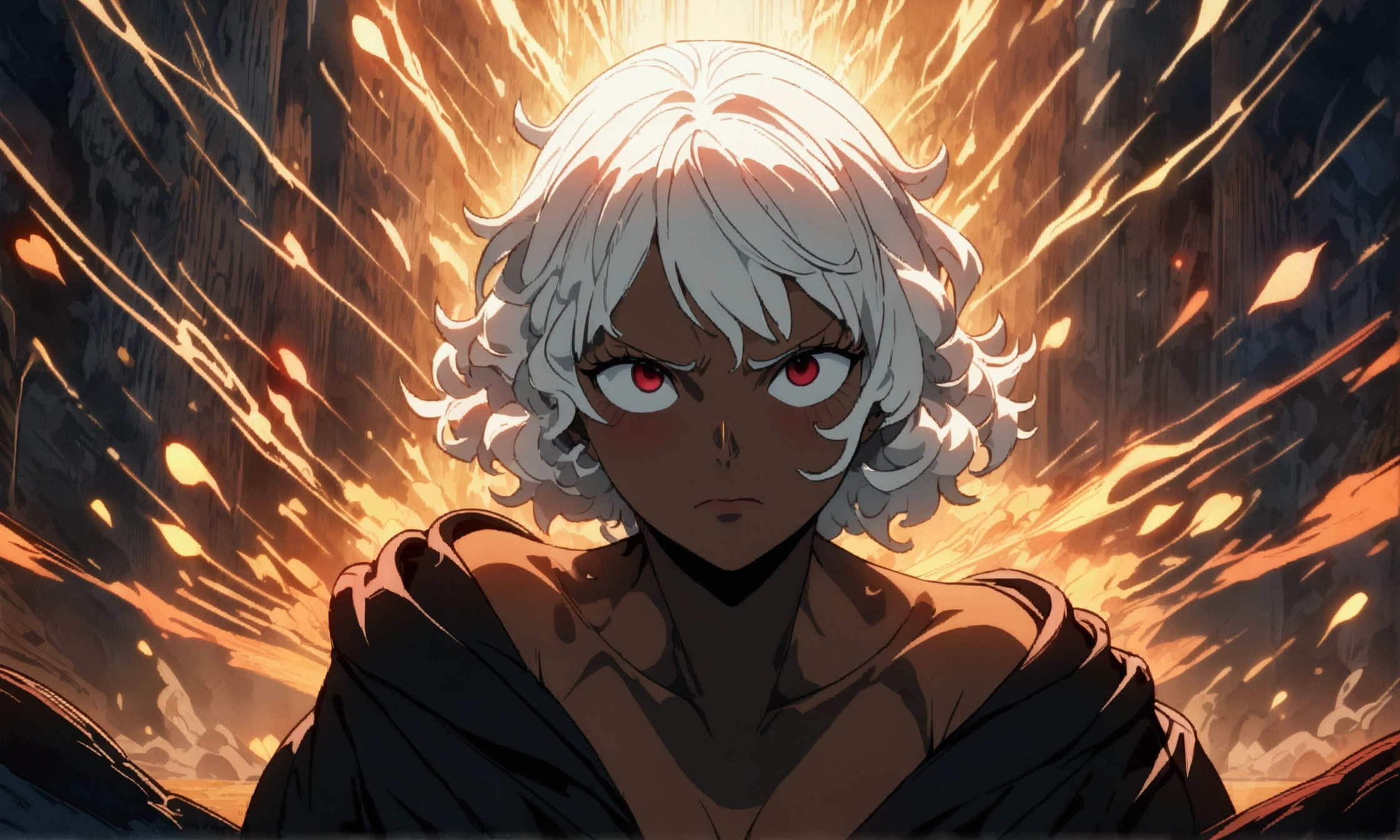 Sturdy woman, brown skin, messy white hair, vibrant red eye, open black robe, mocking expression, ((Intricate anime character design inspired by One Piece)), ((stunning lighting)), ((fine lines)), ((stunning focus)), ((stunning face)), ((detailed focus)), ((detailed background)), ((ultra-fine 2D design)), ((scenery bathed in creativity)), ((2D masterpiece)), ((best quality), ((8K)), ((anime style))