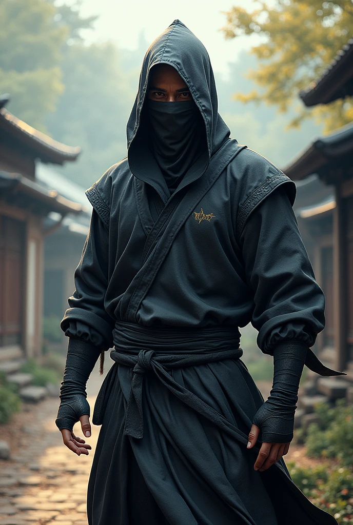 masterpiece, artstation, best quality, 8k, ultrarealistic, digital art, illustration of ninja man, ninja outfit, slim, athletic, in village, ambient light, backlight, volumetric lighting, realistic, realistic lighting, cinematic lighting, sharp focus