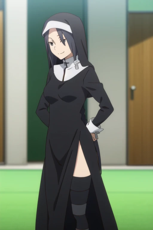 shinatsuhiko_yae, long hair, black hair, black eyes, nun, cross, striped thighhighs, long sleeves, dress, jewelry, side slit,white footwear,boots, room, white gloves, Solo, 1girl, smile,