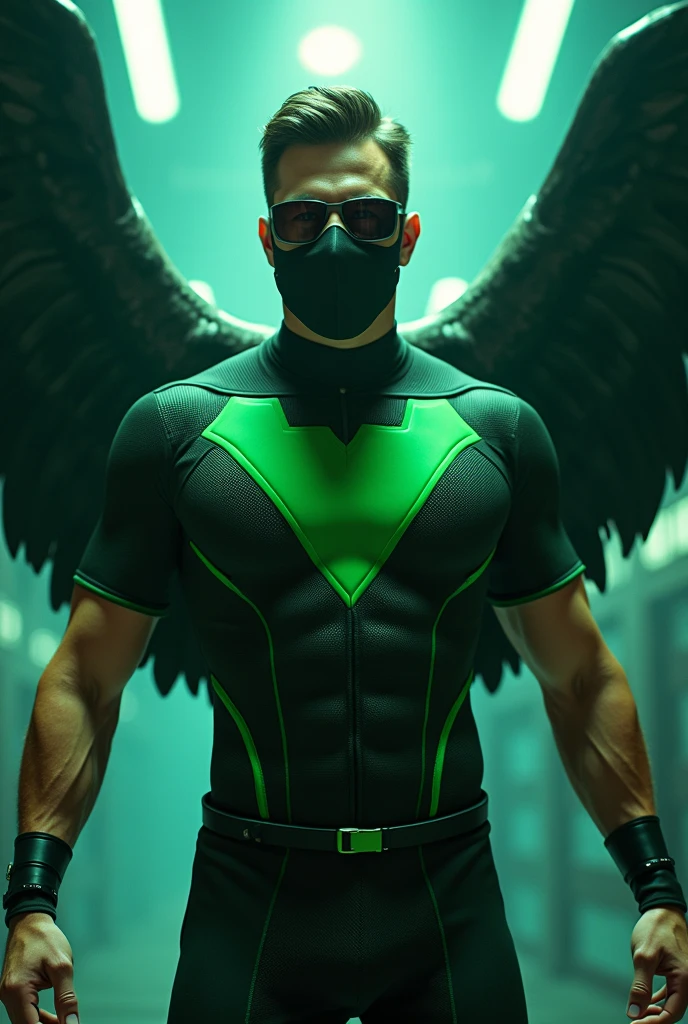 A handsome hero who has a uniform that symbolizes his "Falcon" powers. He also has two pairs of wings and a mask that only covers his eyes. The colors of his uniform predominate mainly in green and black. Do it as if you were playing a TV commercial about an eyeglasses store.