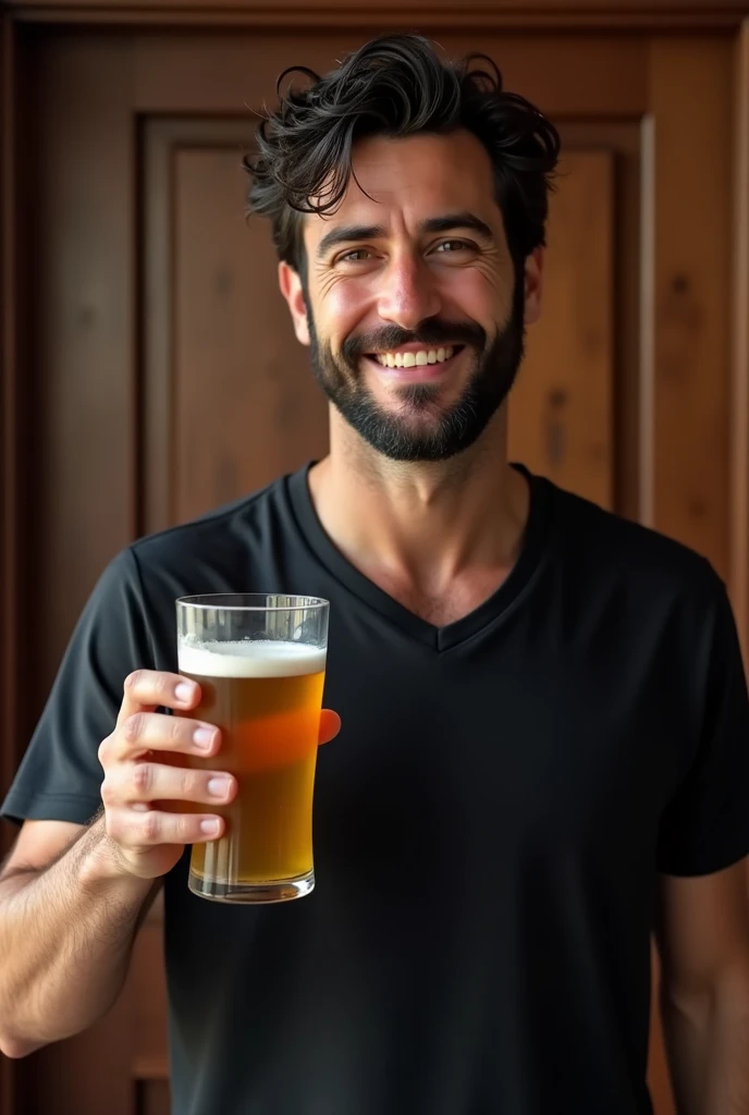 a dark-haired man of 39 years old, with dark hair, a bearded man, eyes black, black jersey, with a glass of beer in his right hand, happy face, be standing, focus on the beer glass. Standing in front of a door.