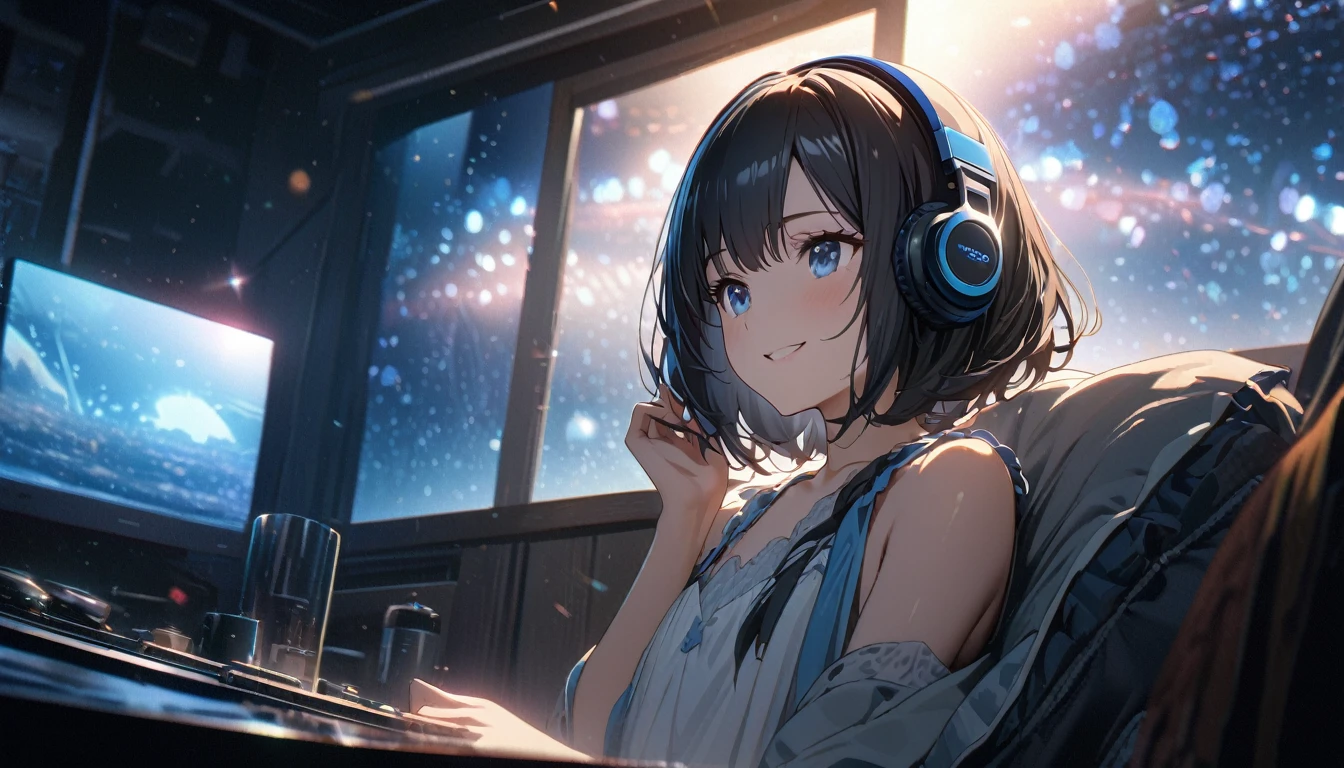 ((ultra-detailed))/(one women with short black hair and bob hair.、beautiful blue eyes,.、smile、gentle smile on her face、flat chest, one Beautiful girl,((masterpiece, illustration, best quality) ((ultra-detailed))/),night、Girl listening to music in a cozy room, Use headphones,濃い青とBeautiful Blueのグラデーション, High resolution, 8K HD detail, hyper-detail, cinematic, surrealism, soft light, deep field focus bokeh, ray tracing and surrealism. --v6'