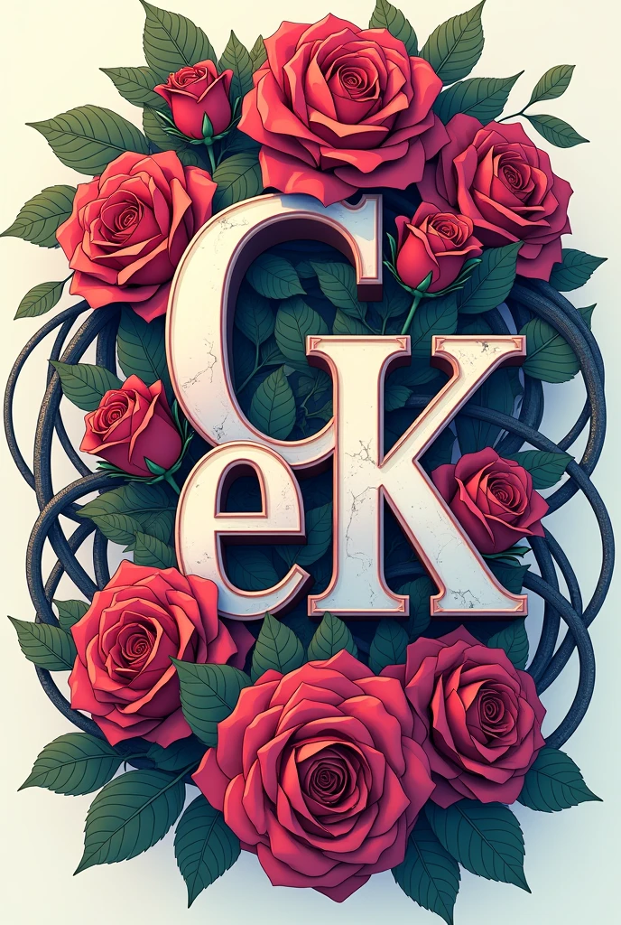 Drawing with words "G e K" wrapped in a crown of roses intertwined with long 2D cables with vibrant anime style colors