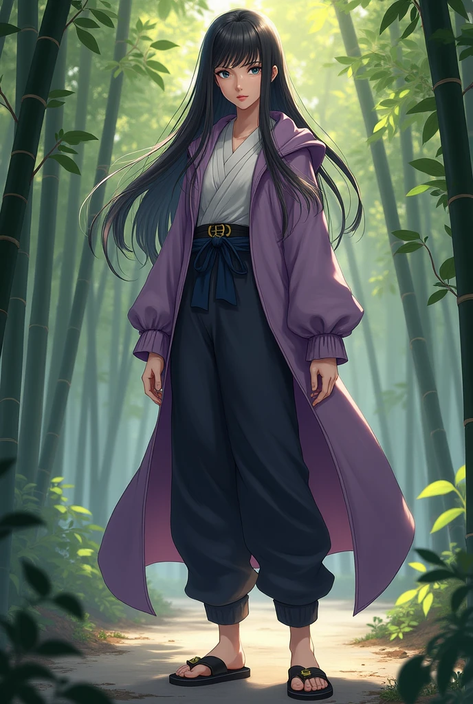 A sexy young woman around 20 years old, with long dark hair and breasts and pearly eyes that reflect serenity and determination. Your skin is clear and smooth, and she has a slim, athletic figure. Hinata wears a traditional ninja outfit with a lilac hooded coat, a knitted shirt underneath, dark pants and ninja sandals. Your posture is graceful and firm, reflecting his gentle nature, but also her inner strength and skill as a kunoichi. The setting could include a bamboo forest or a training environment., highlighting his connection to the ninja world and his determination to protect those he loves.