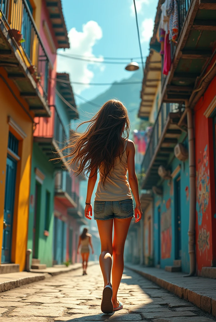 Girl with brown hair, wearing short clothes walking in the favelas of Rio de Janeiro