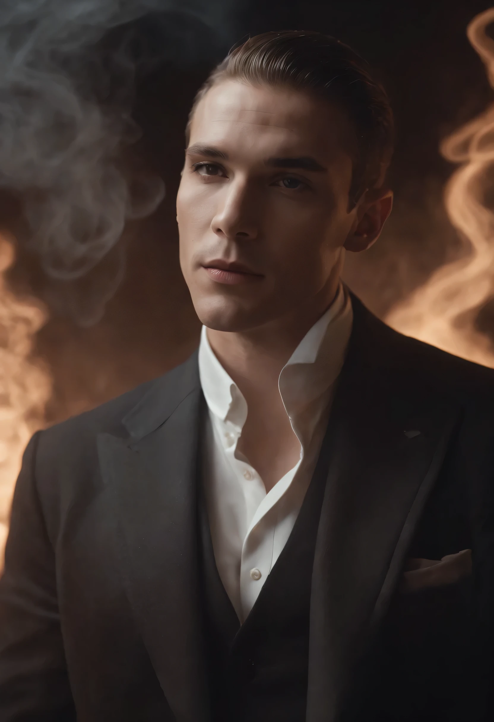 ethereal photo of elegant man, Brazilian nationality, tanned skin, women in the background, Atoms hovering in the air, emerging from swirls of smoke and red and black vapors, Peter Lindbergh style, masterpiece of complex art, foreboding, golden ratio, Trend in CGSeteration, intricate, epic, trending on artgerm's ArtStation, highly detailed and vibrant production cinematic character rendering, very high quality model