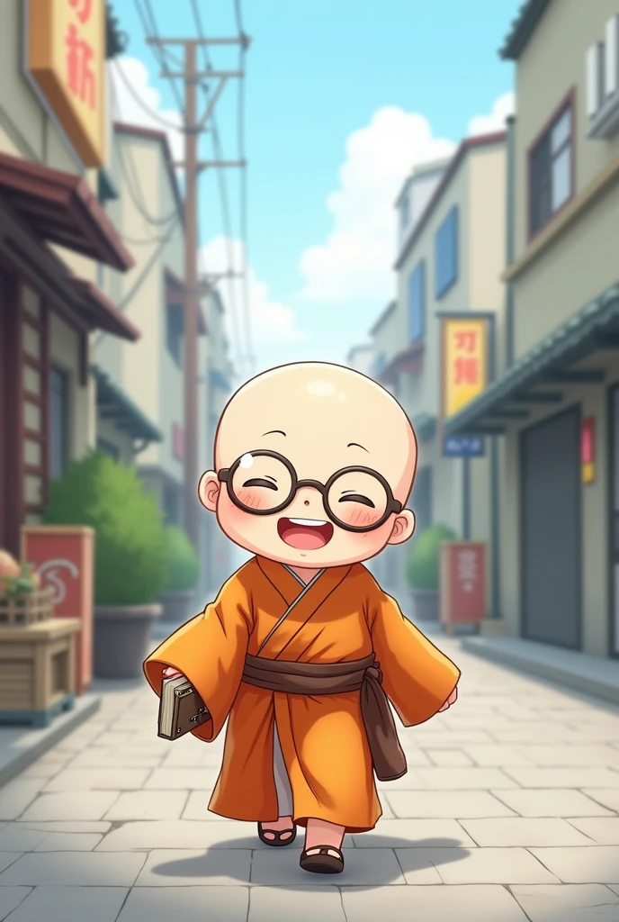 cute little people, closed eyes japanese, Grinning, with glasses , walking down the street alone, wearing the orange monk's robe and brown belt, baldie.
with glasses e somente um caminhando na rua com um livro na mao.