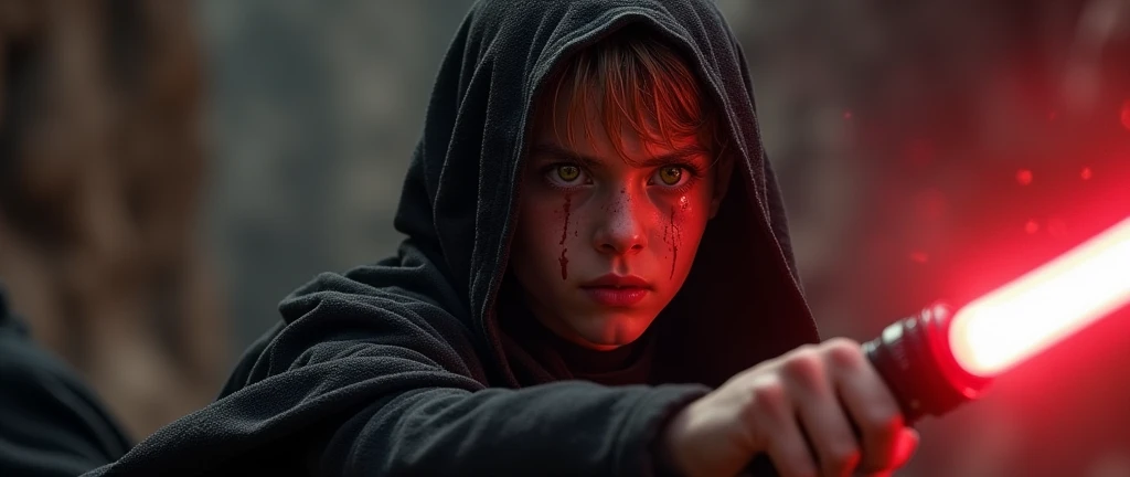 Character based on the world of Star Wars, a 15 years ager male sith lord, dark blonder short haired, yellow eyes, dark simple cloats, inside a dark sith temple, high realism, perfect anatomy, perfect eyes, blood crying, broken sith mask, fontal, screaming