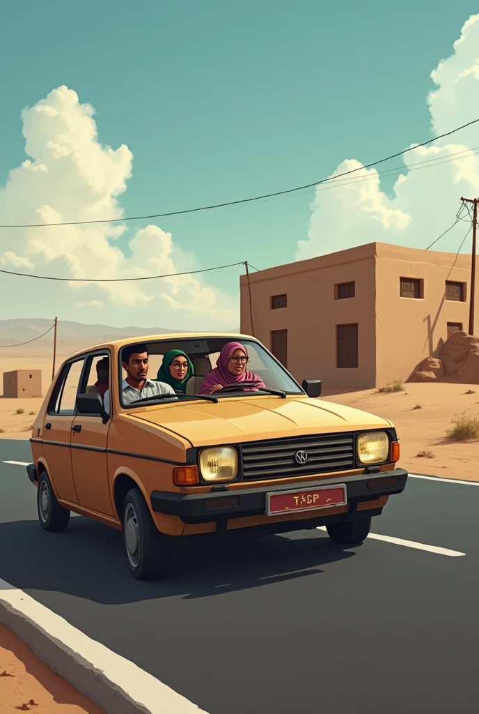 A dark-skinned young man is driving the car with his wife who wears corrective glasses, they are traveling in Mauritania and their beautiful young daughter is riding in the back.
They are passing by an institute that teaches civil engineering called "ISM-BTPU", Where they used to study in the past and felt nostalgic as they looked at it .
This institute is five kilometers away from the Mauritanian city of Ak. It consists of classroom buildings and is surrounded by brown walls..
This institute is the only building in that area and it is a little far from the sidewalk on the left side..
The sidewalk is black with white lines and no trees, so the sidewalk and the institute are far away.
The wife is Muslim