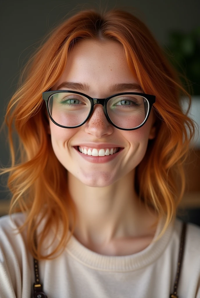 A woman with copper-colored hair, a few freckles on her face, and a slightly chubby face, wearing glasses and smiling
