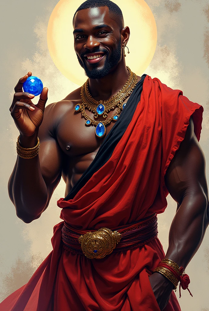 Strong Orixa Exu wearing red and black African clothing , smiling a lot And holding a Sapphire  !  A sensual black man African drawing 