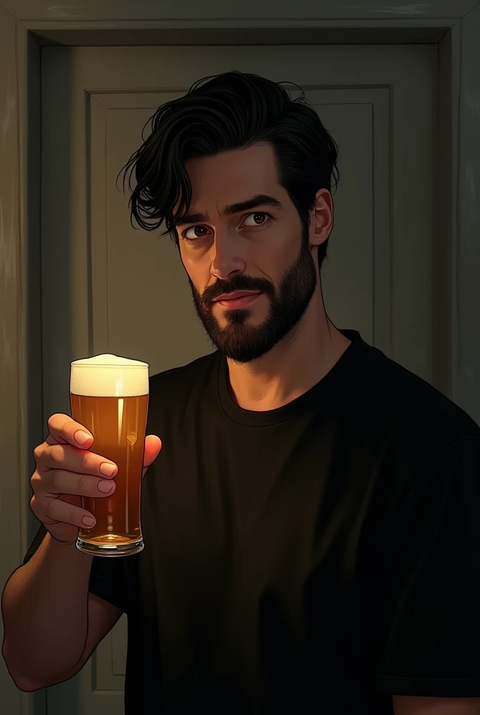 a dark-haired man of 39 years old, with dark hair, a bearded man, eyes black, black jersey, with a glass of beer in his right hand, happy face, be standing, focus on the beer glass. Standing in front of a door.