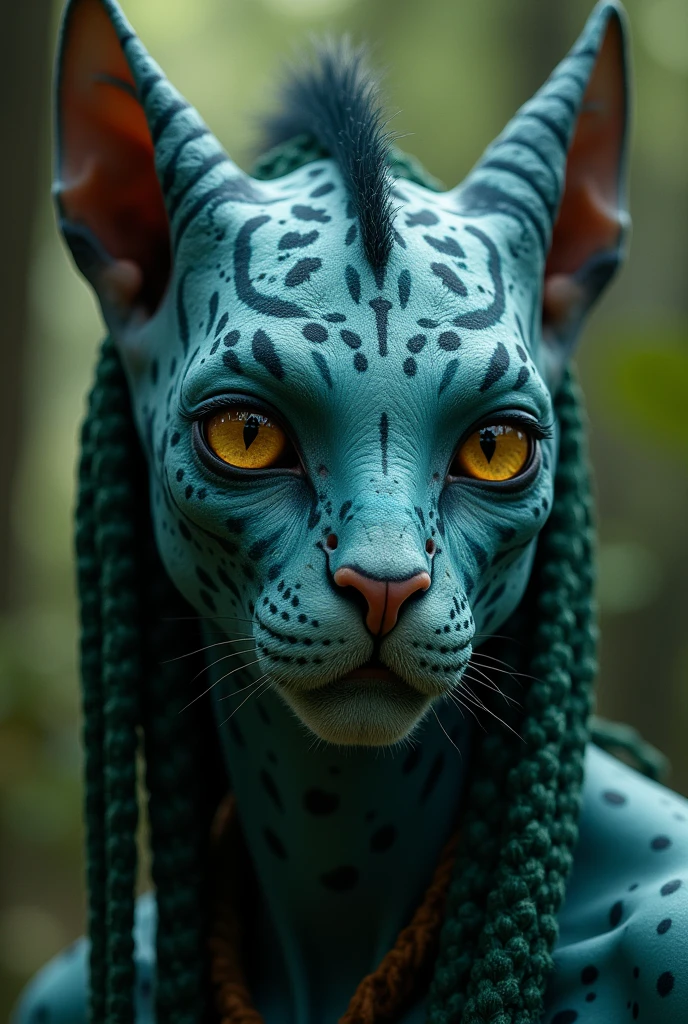 Create a Na'vi with bluish-green skin allowing them to camouflage themselves in the forests of Pandora, Instead of the blue stripes seen in other Na'vi, the Ava could have marks on their skin that resemble the spots of a jaguar. These marks, a darker shade of green or even black, could be both natural and a result of rituals that honor the spirit of the jaguar. amber eyes:
The Na'vi of the Ava clan could have amber or golden eyes, similar to that of a jaguar, with pupils that dilate widely to see better in the twilight of the forest.
Feline Traits:
Members of this clan could have slightly sharper facial features, with more pronounced noses and jaws, evoking the figure of the jaguar and suggesting its protective spirit.