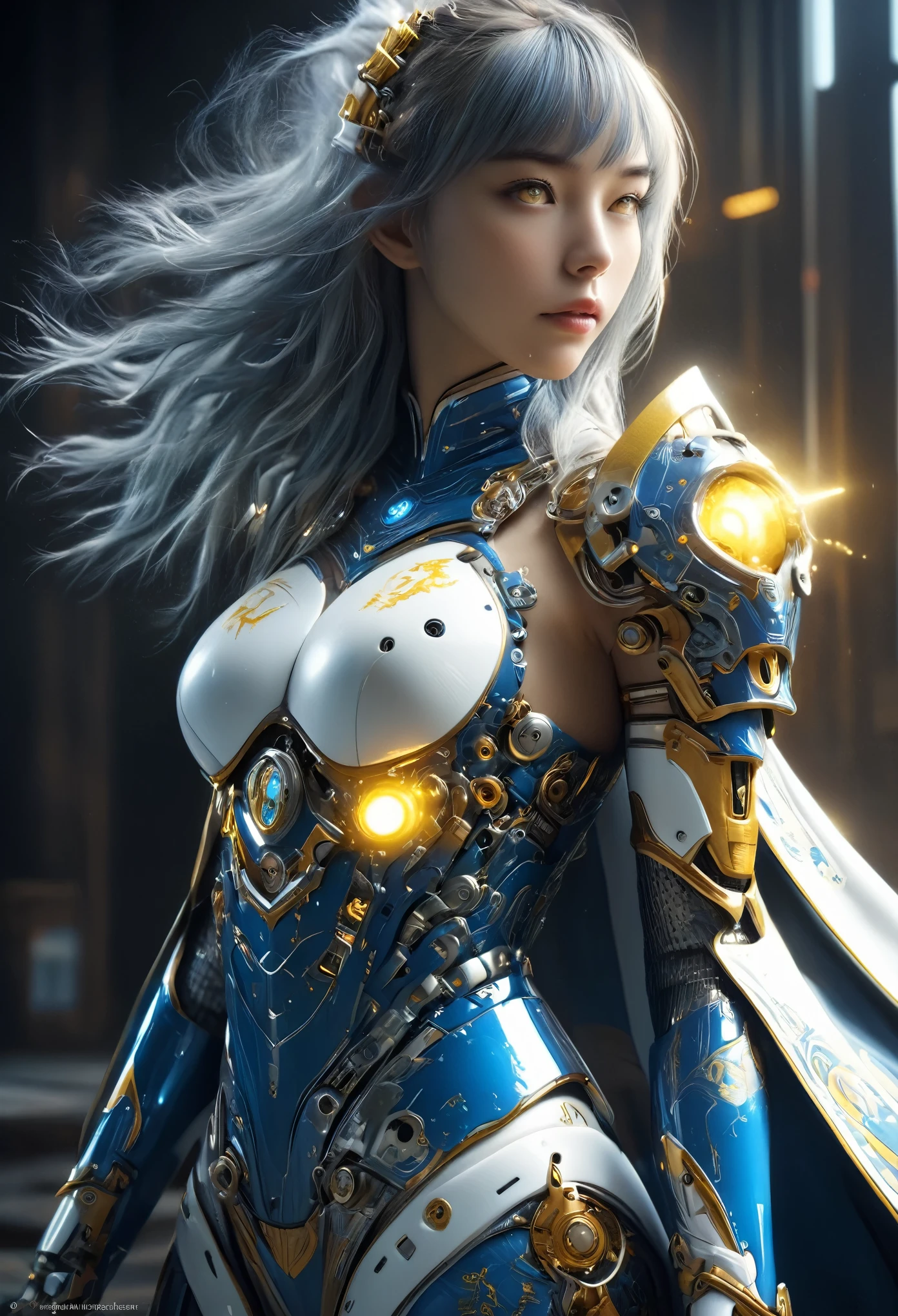 (Best Quality, 4K, 8K, High Resolution, Masterpiece: 1.2), (Super Detailed, Realistic, Photorealistic:1.37), A woman in futuristic clothing, Trending on cgstation, Trending on cgstation, (Portrait of a girl in the Knights of the Zodiac:1.4), blunt bangs, Cute Cyborg Girl, Perfect android girl, Portrait Astronaut Girl, Beautiful girl cyborg, (Girl wearing blue and yellow and white mechanical cyber armor:1.3), Game CG, cgsociety and fenghua zhong, Beautiful Cyborg Shrine Maiden, Bioluminescence, (Yua Yaiba:0.5), (Golden eyes:1.5), Anatomically correct grip, (Sharp and long claws:1.4), erotic and sexy, black, wearing A gorgeous cape with beautifully detailed embroidery, (beautiful tits, beautiful breasts, beautiful nipples:1.5), (NSFW:1.5)