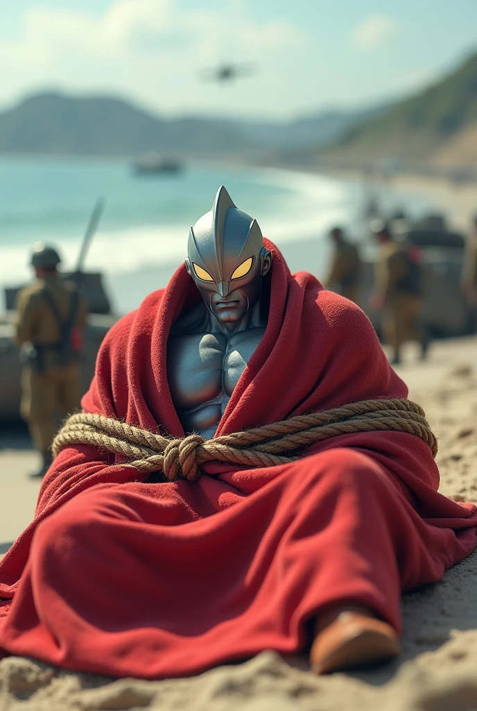tie with rope blanket sleeping red big muscle ultraman. army day bomb . sea, beach . everywhere lot of soldier in battlefield.world war 2. tilt shift photography. lot of war. tank.aircraft 1940. air drop