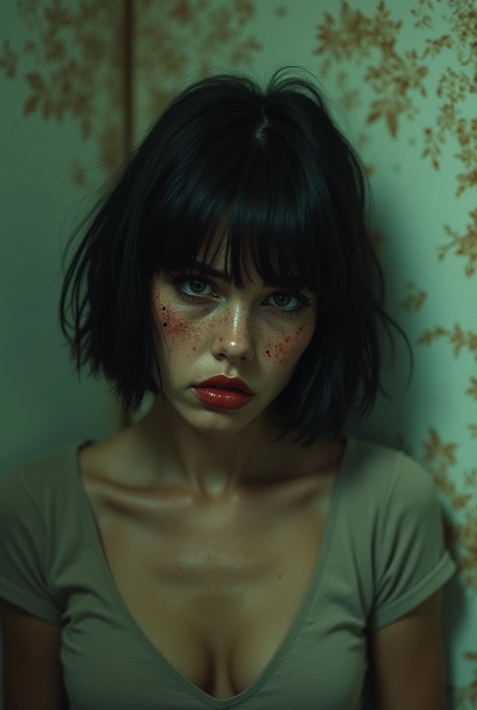 70s setting, grainy film, ultra-detailed, realistic, wallpaper, disheveled, trembles, hard breath, exhausted, sexual tension, loosing control, sexy despair, sweat, desperation, t-shirt, void, abstract, freckles, red lips, noir, sticky bob cut,  smudged makeup