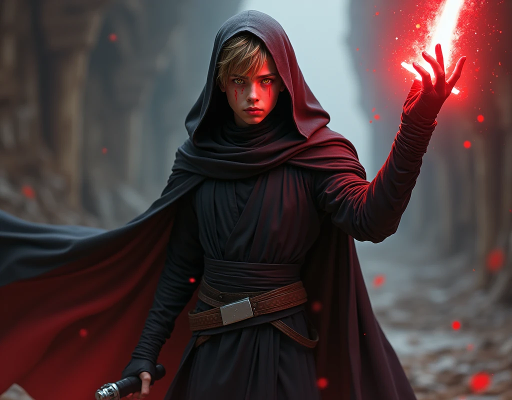 Character created based on the Star Wars world, a  young sith lord teenage boy, with short light brown hair, bright yellow eyes, toned, with a fine black robe whose fabric is tight, a light black cloak over his head, left hand raised and a shock wave coming out of it, A look of despair, crying blood with tears, a faint cry, 真实感, Perfect Anatomia, fully body