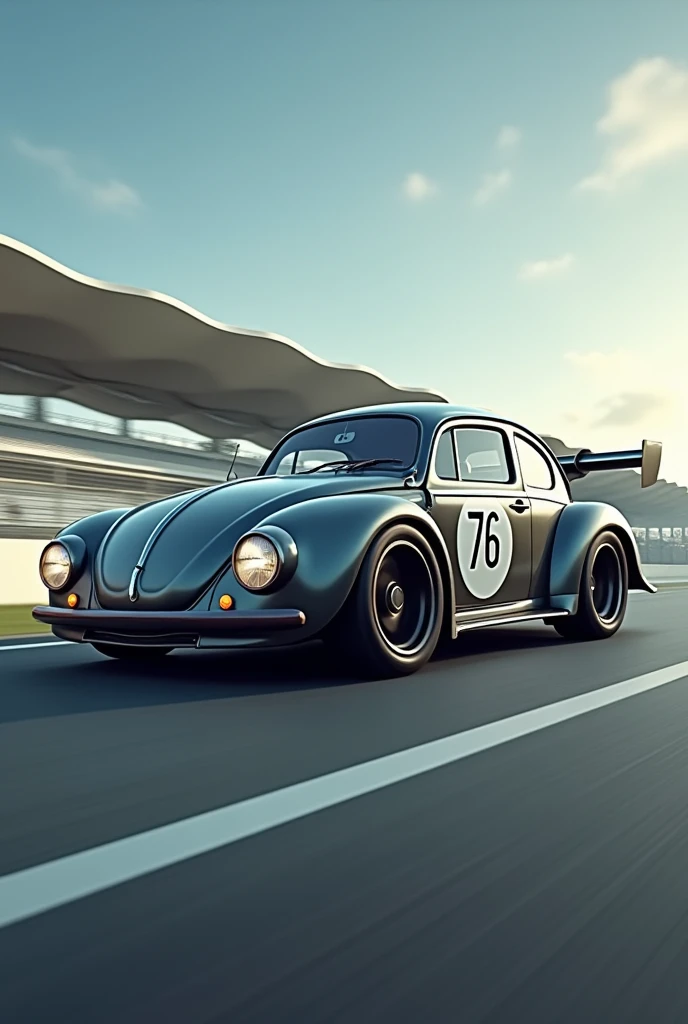 a beetle, with the number 76 on the door, on a racetrack, Virtual glasses, and it's a YouTube banner somewhere in the format 2.048 x 1.152 pixels
