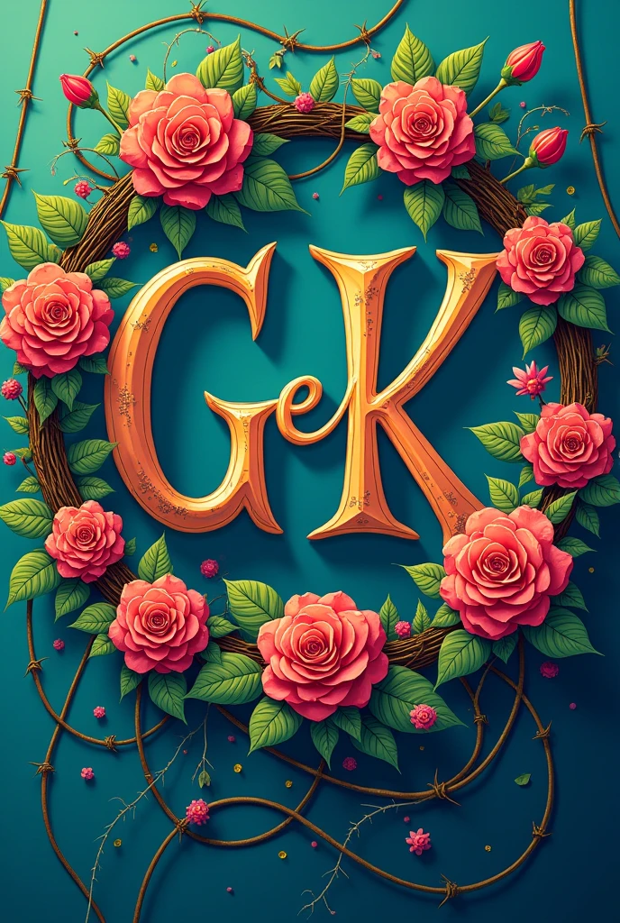 Drawing with words "G e K" wrapped in a circle of intertwined roses with long cables in 2D with vibrant anime style colors