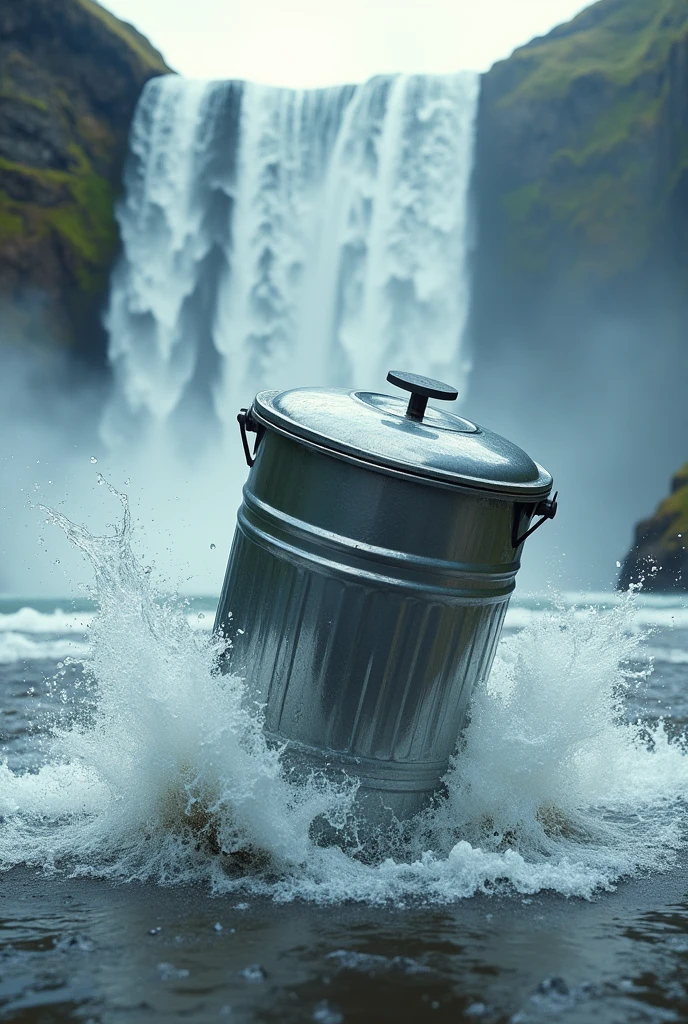 Ek steel dustbin ek bde pani k jharne me terte huye
