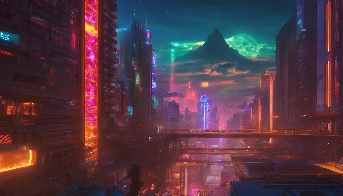 Veliky Ustyug city, cyberpunk, future, view from afar, trees in the background, mountain, 84k, hyper detail, soft lighting, summer, day, cgi, professional photo, high quality, hyperrealism, realistic, depth of field, clarity, beautiful view, digital art, hard focus, intricate details, vibrant details