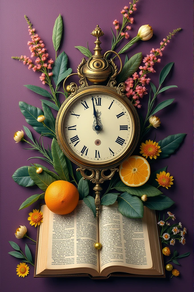 MAKE A VERY REALISTIC AND EXCELLENT QUALITY COLLAGE COMPOSED OF OBJECTS THAT REPRESENT TIME, HOW TO CLOCK, plant, hour glass, bible, BRINGING A BIBLICAL REFLECTION, with striking colors using a purple palette, yellow and green