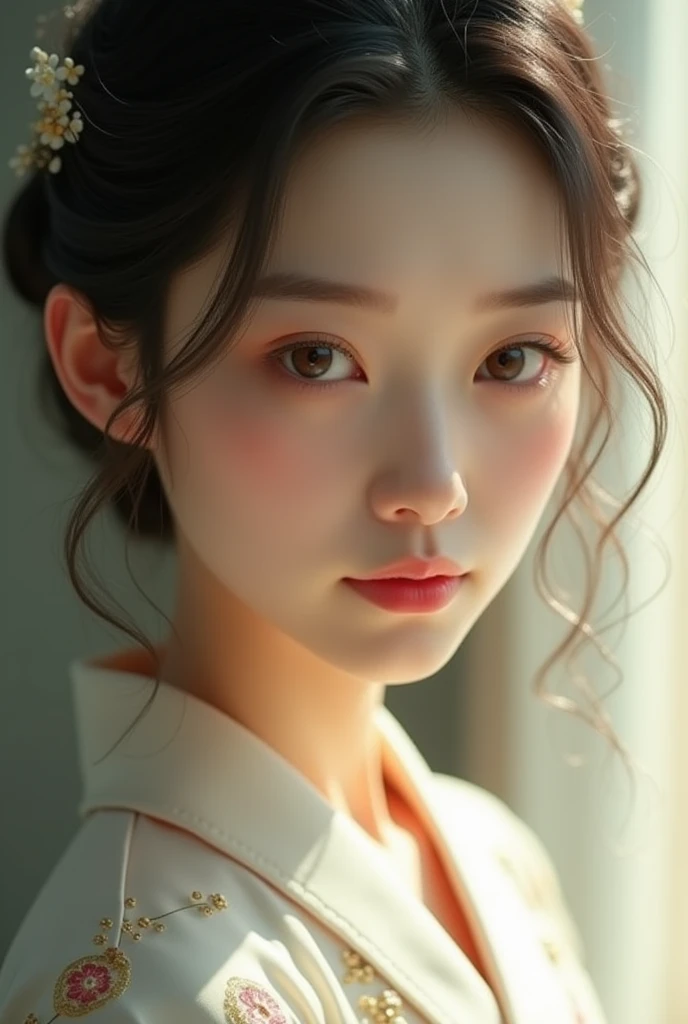 An elegantly dressed Japanese woman in natural light、A close-up of her chest and calm expression.、It shows her inner peace and outer charm.。