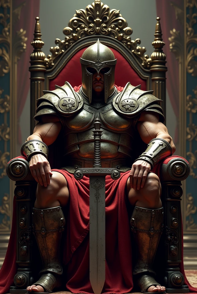 Create a badass gladiator sitting on a throne
With a helmet and a sword