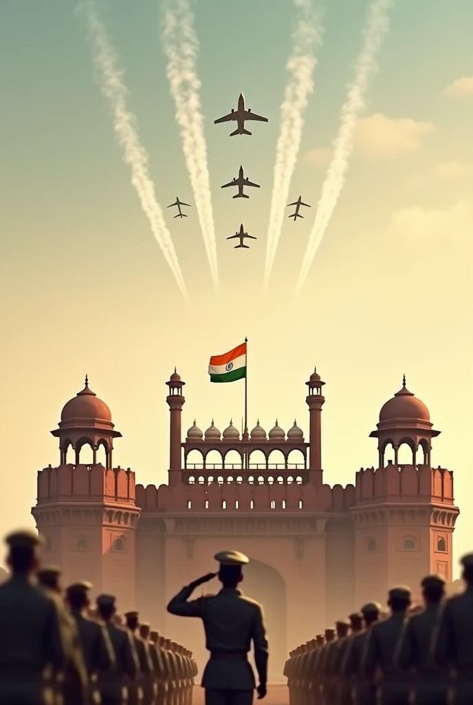 The Indian flag is flying above the Lal Qila, 5 airplanes are flying in the sky, all the Indian soldiers are saluting the Indian flag, it is morning time.big photo