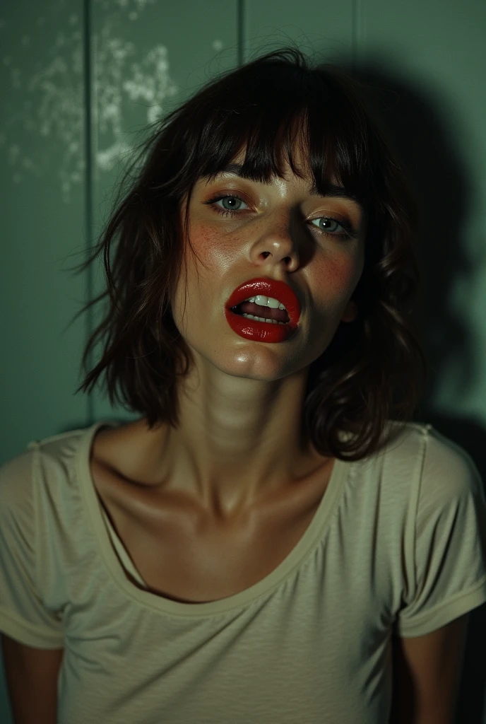 70s setting, grainy film, ultra-detailed, realistic, wallpaper, disheveled, tremor, sexual exhausted, cornered, hard breath, bob cut, sexual tension, loosing control, sexy despair, sweat, desperation, t-shirt, void, abstract, freckles, red lips, noir