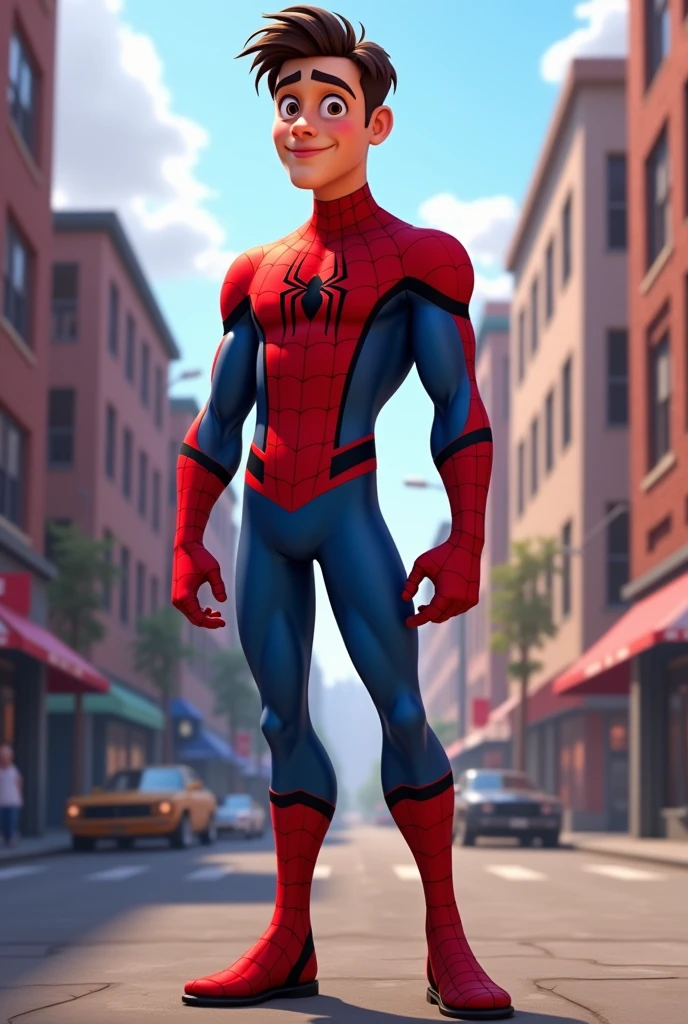 Spiderman tall, of medium build, brown eyes slightly slanted, full lips, perfect nose, animated version and full body give him a little bit of cheeks but he's not fat, Give it a little tummy