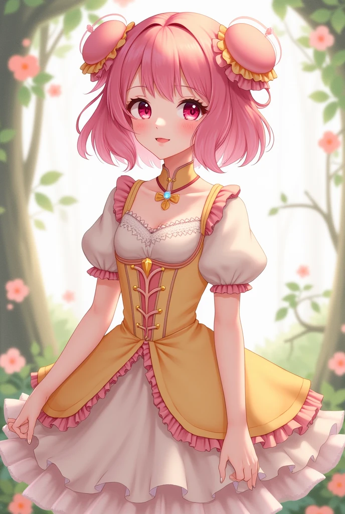 A magical girl, with soft Pink hair with two colets with red color, her eyes color IS Pink, her outfit is a fluffly dress, color rose, yellow and White in pastels tone, the dres hace a corset color yellow pastel with a borde color rose