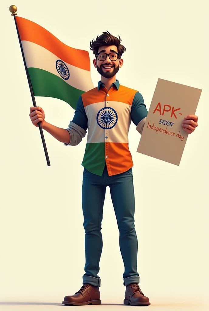 A 30 years old boy holding A4 sheet paper in one hand written on it’s"Ambition Commerce Coaching 15Aug.Tally offer only RS.6000" and second hand holding the national flag of Bharat and he is wearing a shirt print is like Bharat flag and “Bharat Arora” and 15 number and independence day in small written on it’s back in big and bold fonts, 3d illustration