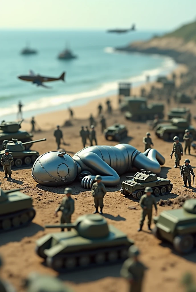 sleeping ultraman. army day bomb . sea, beach . everywhere lot of soldier in battlefield.world war 2. tilt shift photography. lot of war. tank.aircraft 1940. air drop
