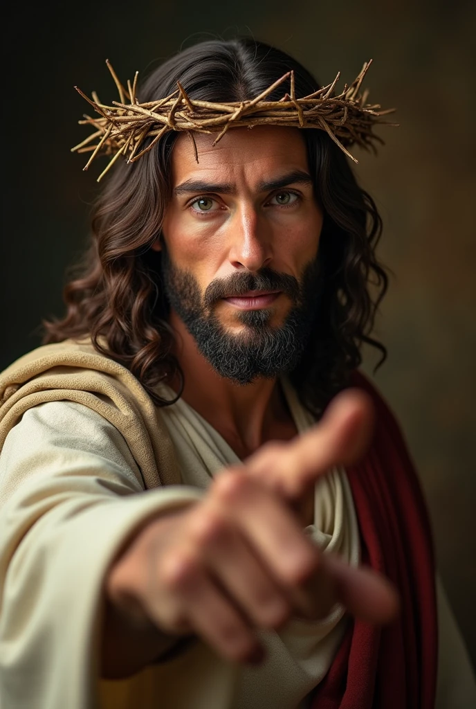 A highly realistic portrayal of Jesus, centered in the frame, wearing a crown of thorns. He is looking directly forward, with a natural expression, and pointing his finger towards the viewer. The image is captured in stunning 4K resolution with high detail, fine details of his face and clothing, studio lighting, foto de média distância,well lit, bright lighting