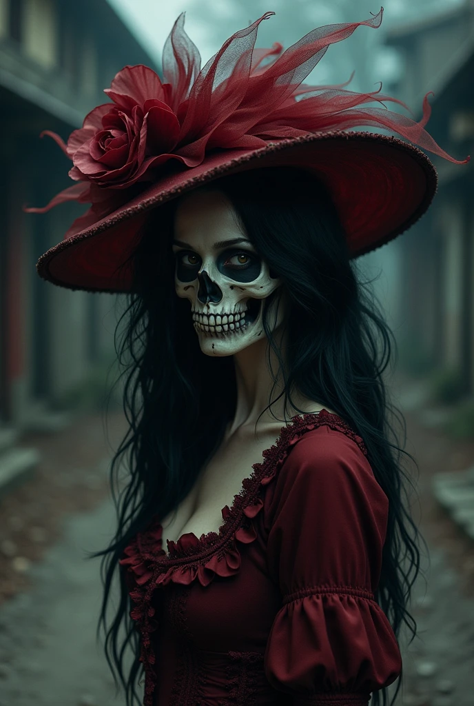 A beautiful woman with long black hair half skull face and red hat on the dirt street at night