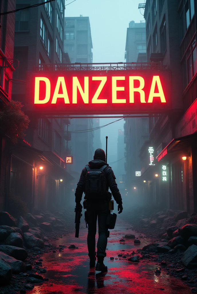 Generate an image in a dark setting, written ''Danzera FPS'' very large