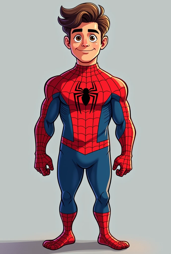 Spiderman tall, of medium build, brown eyes slightly slanted, full lips, perfect nose, Cartoon version and full body, give him a little bit of cheeks but he's not fat, Give it a little tummy