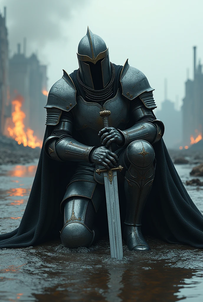 Create a photorealistic, high-resolution image of a powerful knight in full armor, kneeling or sitting on the ground. The knight wears a massive suit of intricately detailed armor, including a completely enclosed helmet with a closed visor, hiding his face. He is draped in a long, thick, black cloak that billows dramatically in the moving water around him. The cloak has slight burn marks, hinting at the recent devastation. The knight leans on a large sword that is embedded in the ground, symbolizing his defeat and exhaustion. The knight appears strong but visibly defeated and sorrowful, as if he has suffered a heavy loss. Surrounding him is moving water, reflecting and amplifying the scene. The background depicts a wide expanse of devastation, with ruins, burning remnants of buildings, and a distant horizon that emphasizes the scale of the destruction. The image should be rendered with high resolution and sharp detail to emphasize the emotional depth and dramatic setting.
There should be Flames burning the cape
