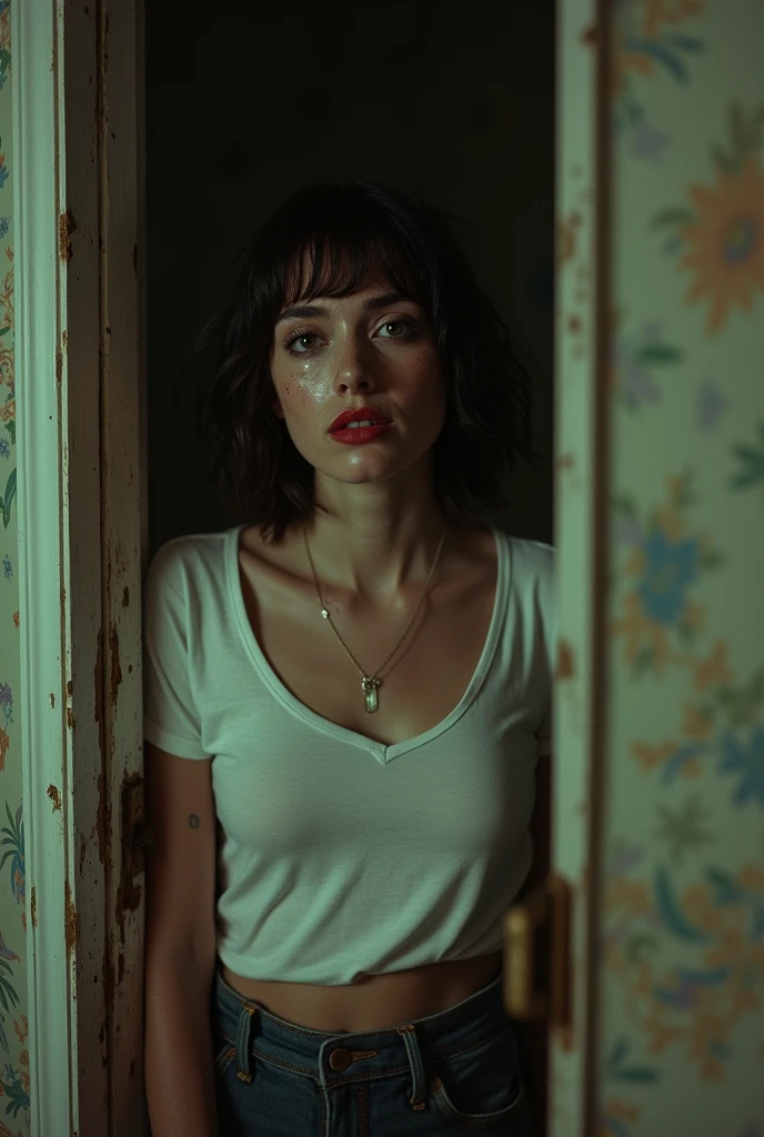 70s setting, grainy film, ultra-detailed, realistic, wallpaper, disheveled, tremor, sexual exhausted, cornered, hard breath, bob cut, sexual tension, loosing control, sexy despair, sweat, desperation, t-shirt, void, abstract, freckles, red lips, noir