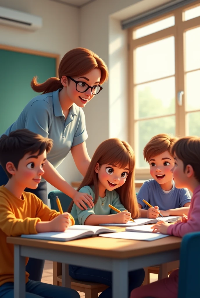 Students studying enthusiastically in a well-lit room under the supervision of a watchful teacher