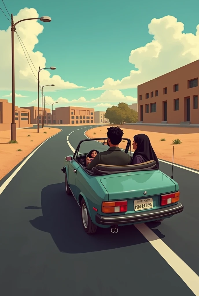 A dark-skinned young man is driving the car with his wife who wears corrective glasses, they are traveling in Mauritania and their beautiful young daughter is riding in the back.
They are passing by an institute that teaches civil engineering called "ISM-BTPU", Where they used to study in the past and felt nostalgic as they looked at it .
This institute is five kilometers away from the Mauritanian city of Ak. It consists of classroom buildings and is surrounded by brown walls..
This institute is the only building in that area and it is a little far from the sidewalk on the left side..
The pavement is black with white lines and there are no trees, so the pavement and the institute are far away.
The wife is Muslim.
The institute is labeled "ISM-BTPU".