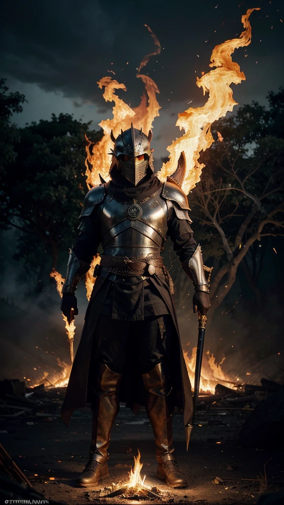 Visualize a mythical knight standing before a huge enchanted brazier in the heart of a surreal, dreamlike forest. His armor, made of dark obsidian-like metal and etched with burning, glowing runes, pulses with the energy of the eternal flame. His helmet, crowned with fire, hides eyes that burn with the intensity of an eternal fire. In one hand, he wields a colossal flaming sword that roars with the power of eternal flame, while in the other he holds an enormous round shield engraved with the image of a white dove with outlines of heavenly fire, with its wings spread, ready to attack. reborn.. The surrounding forest is twisted and surreal, with ancient, twisted trees whose branches are adorned with glowing embers and wisps of smoke. The sky above is a chaotic mix of storm clouds and burning embers, casting a fiery glow over the scene. The ground beneath his feet is cracked and charred, with veins of molten lava snaking across the earth. Surrounding him are the spectral figures of ancient guardians and mythical beasts, whose forms flicker with the light of the eternal flame. Despite the chaos and destruction that surrounds him, the knight stands tall and unwavering, radiating an aura of invincibility as he prepares to unleash the power of the eternal flame on his enemies. And in a striking and strategic part of the composition there is a text that says "Tiempos de Guerra" in a bold and meticulously composed typography and its style is of war
